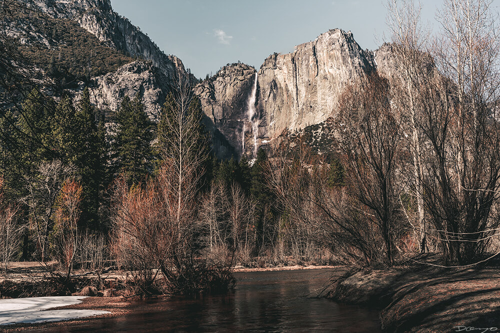 Horsetail Falls seen from across the Merced River in Yosemite, CA