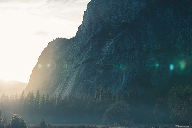 Yosemite Valley brightly lit by golden hour sunset, CA