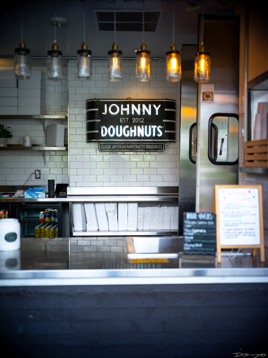 Johnny Doughnuts neon sign in Larkspur, California.