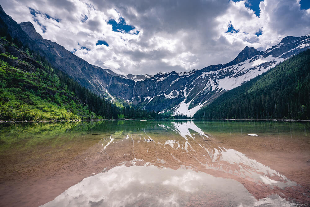 Wide view of Avalanche Lake in Glacier National Park, Montana