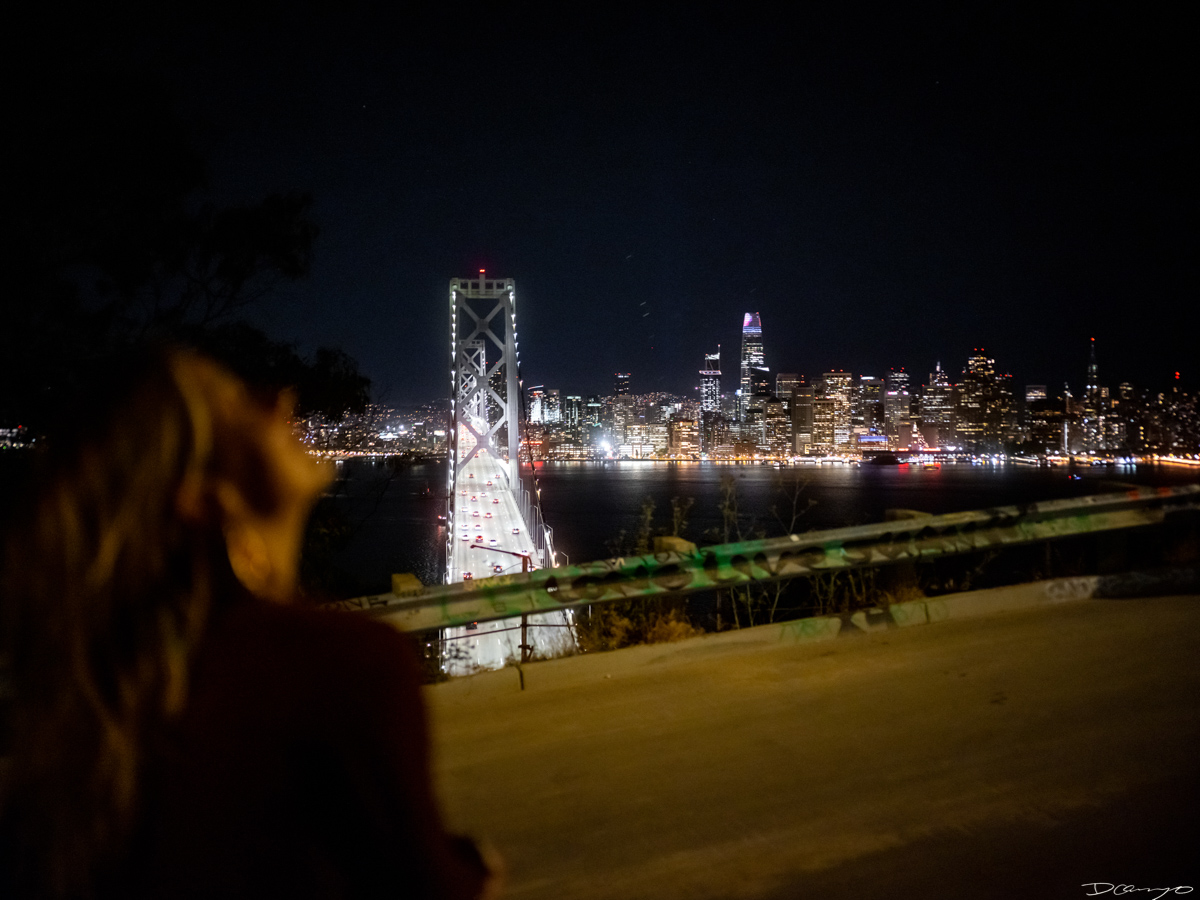 Portrait from Treasure Island looking across the Bay Bridge towards San Francisco at night in Fall of 2022.